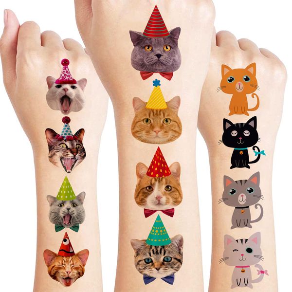 Cat Temporary Tattoos Themed Birthday Party Supplies Favors Decorations 96 PCS 8 Sheets Cute Fake Tattoo Stickers Party Games For Children Kids Boys Girls School Gifts Rewards Home Activity