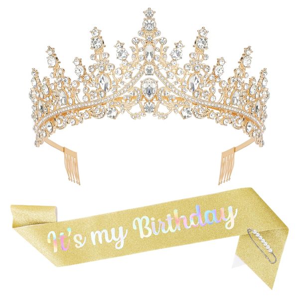 BAHABY It's My Birthday Sash & Rhinestone Tiara Set Princess Birthday Sash and Tiara for Women Birthday Decorations Rhinestone Headband for Women Girls (Gold)