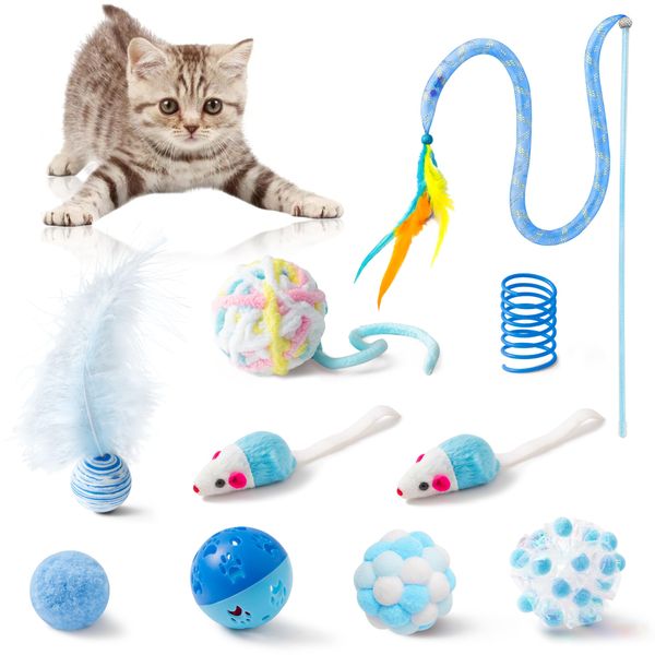 MALLMALL6 10Pcs Cat Toy Set Interactive Cat Toys Pack Including Feather Teaser Wand Cat Springs Mice Crinkle Balls and Pet Bell Balls, Puzzle Toys for Indoor Cats Gift (Blue)