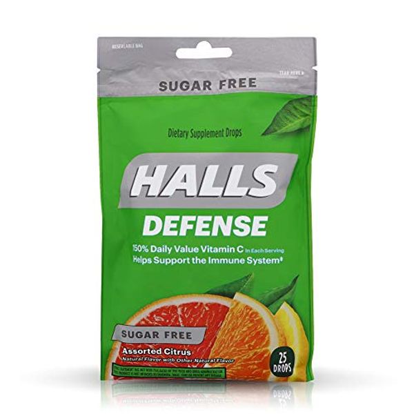 Halls Defense Vitamin C Drops Sugar Free Assorted Citrus - 25 ct, Pack of 4