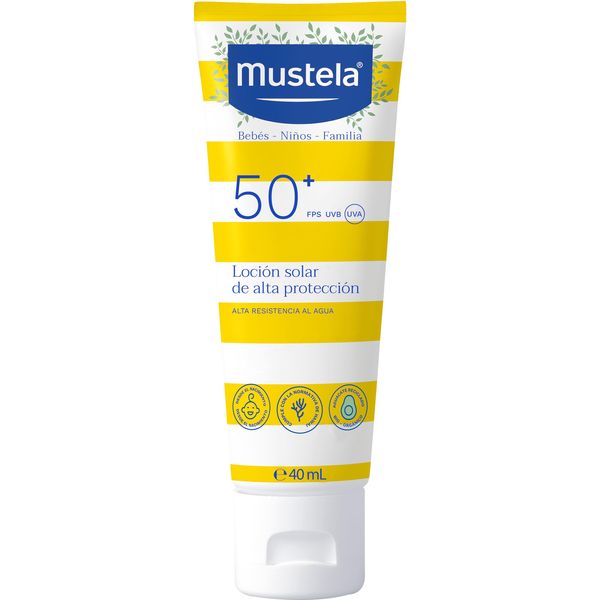 Mustela Sun Lotion SPF 50, Face, Body, with Avocado Perseosis, Babies, Children, Whole Family, Suitable for Pregnancy - Very High UVB and UVA Protection (40 ml)