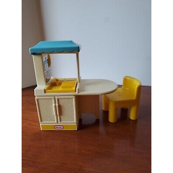 Vintage 90's LITTLE TIKES Dollhouse Blue & Yellow Kitchen Island w/ Chair