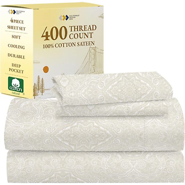 Queen Sheet Set Paisley - 400 Thread Count 100% Cotton Sateen, Queen Size Sheets