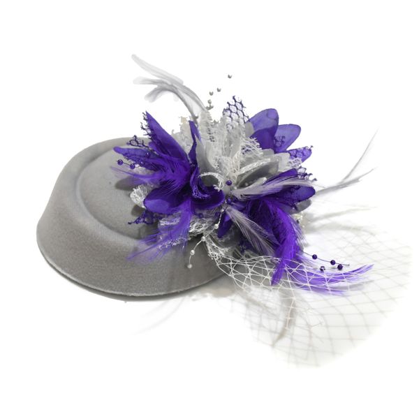 Silver Grey and Purple Pillbox Fascinator Hat for Women Weddings Bird Cage Veil Clip