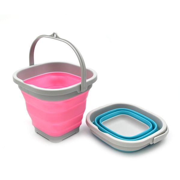 SAMMART Set of 2-2.6L (0.68 Gallon) Super Mini Sqare Collapsible Plastic Bucket - Foldable Square Tub - Portable Fishing Water Pail - Space Saving Outdoor Waterpot (2, Pink + Bright Blue)