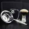Men's Shaving Set in Ivory Colour with 3 Edge Razor,Sliver Tip Badger Hair Brush, Stand and Stainless Steel Bowl Newly Designed Kit for Him