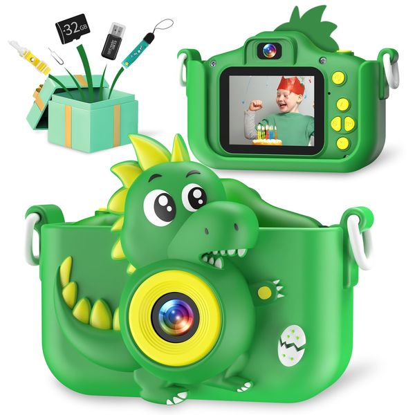 Dinosaur Kids Camera Toys, Camera for Kids with 32GB SD Card 1080P HD Kids Digital Camera Suitable for 3 4 5 6 7 8 9 Years Old Girls and Boys Gift Toys