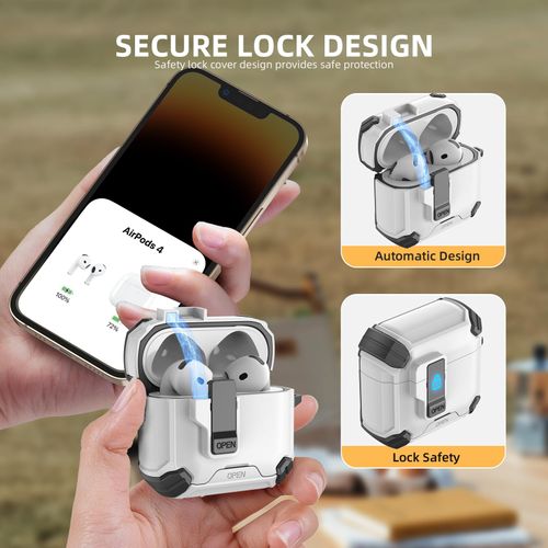 Meliya for AirPods 4 Case, Comes with Phone Holder and Magsafe Function, Automatic Pop-up Full Protection Hard Case with Secure Lock & Cleaner Kit & Keychain for AirPods 4 2024, White