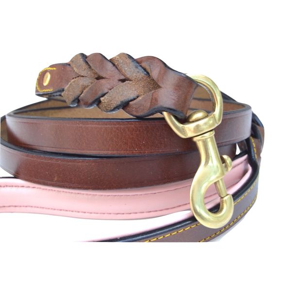 Soft Touch Collars Heavy Duty Leather Braided Dog Leash, Brown with Pink Padded Handle, 6ft