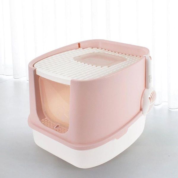 Fashionable Enclosed Cat Litter Box With Anti-Splash Design - Pink / Large