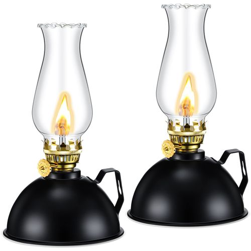 Retisee 2 Pieces Oil Lamp Indoor Kerosene Lamp Lantern Metal Glass Oil Lamps for Indoor Vintage Glass Clear Kerosene Lamp Rustic Oil Lamp with Oil Wick for Indoor Use Home Decor Lighting (Black)