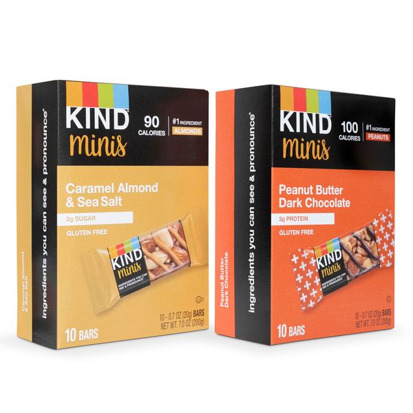 Kind Minis, Variety Pack. Contains 1 Peanut Butter Dark ‎Chocolate, and 1 Caramel Almond & Sea Salt, Low ‎Calorie, Gluten Free, Low Sugar, Healthy Snacks, Ilios ‎Packaging. [20 Bars]‎