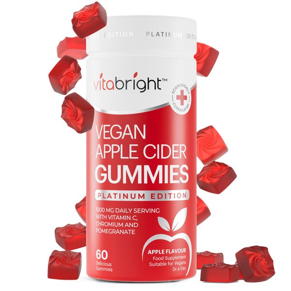 Vegan Apple Cider Vinegar Gummies, High Strength 1000mg, Raw & Unfiltered, 60 Apple Cider Gummies That Work Fast (1 month) Apple Cider Vinegar Gummy, Vitamin C, Chromium, Pomegranate, VitaBright ACV