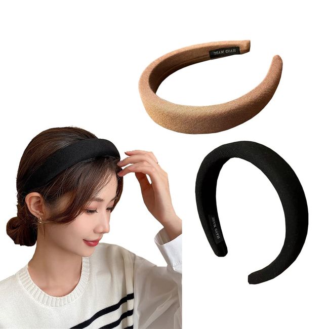 scicent Wide Headbands for Women 2 Pcs Soft Headbands Girls Fashion No Slip Headband for Women Hairbands Hair Accessories (Black, Light Brown), 03