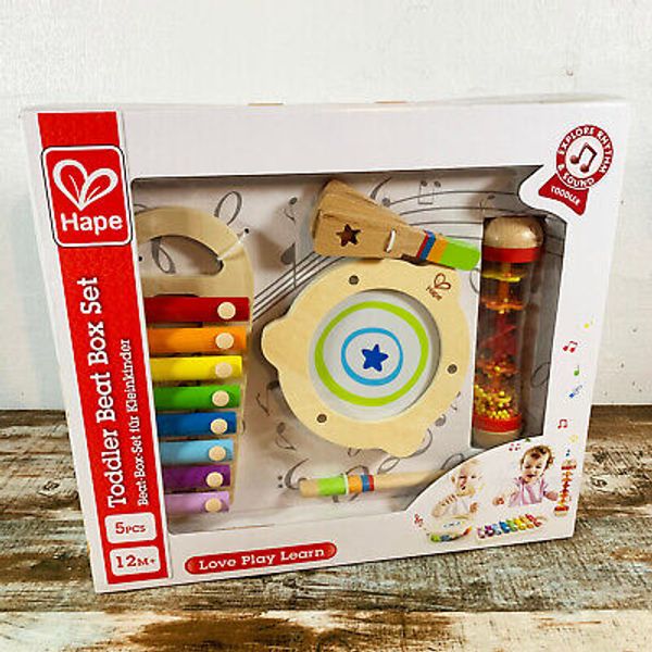 [NEW] Hape 5 Piece Toddler Beat Box Musical Set, Wooden Music Toy Set