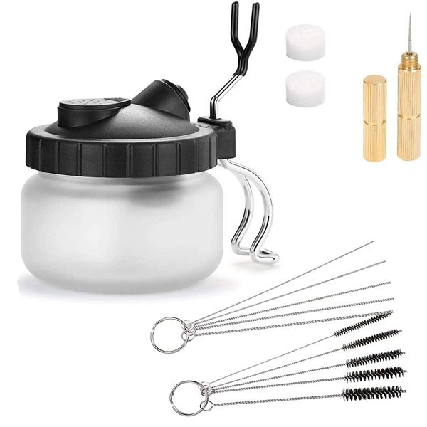 DARENYI Airbrush Cleaning Pot, Airbrush Cleaning Pot Filter Glass Jar, Cleaning Pot with Holder, Needle and Brush Accessories, Professional Airbrush Cleaning Kit Tools