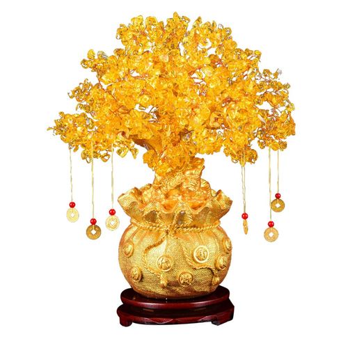 Milisten 1Pc Citrine Money Tree Natural Crystal Tree Decoration Feng Shui Lucky Tree Bonsai Style Rich Tree with Gold Coins and Base Tabletop Decor 19cm
