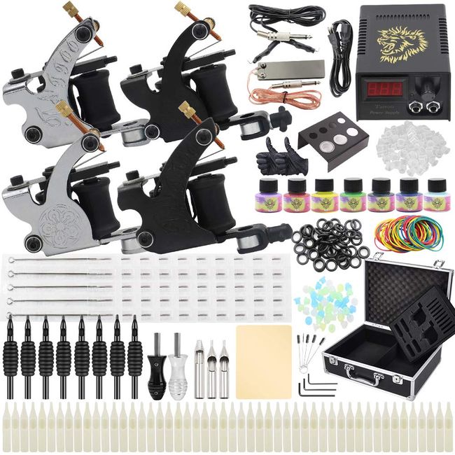 Complete Tattoo Machine Kit - Yuelong Tattoo Machine Kits Liner Shader Tattoo Guns with Power Supply Foot Pedal Inks Tattoo Needles Tips Grips Tattoo Accessices Tattoo Supplies (Black)