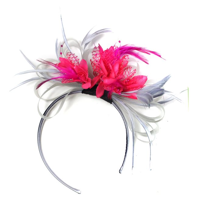 Caprilite Fashion Silver Grey and Fuchsia Hot Pink Net Hoop Feather Hair Fascinator Headband Wedding Royal Ascot Races