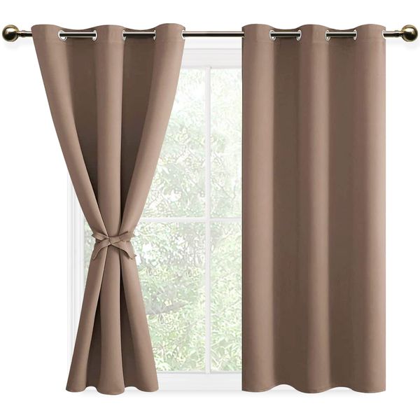 DWCN Blackout Curtains for Bedroom with Tiebacks - Room Darkening Privacy Grommet Top Window Curtains for Living Room, 38 x 54 inch Length, Cappuccino, Set of 2 Panels