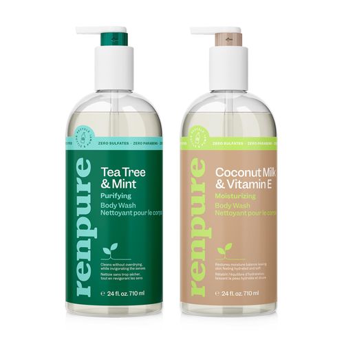 Renpure LLC Tea Tree Mint Oil & Coconut Vitamin E, Sulfate Free Moisturizing Body Wash For Dry Sensitive Skin, Antibacterial Body & Hand Soap For Men Women Kids & Toddlers, White, 24 Oz