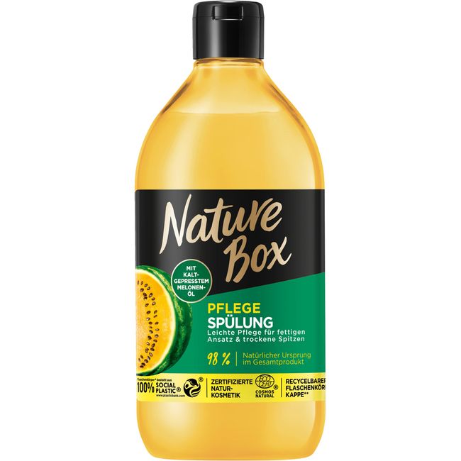 Nature Box Spülung Pflege (385 ml), Haarspülung mit kaltgepresstem Melonen-Öl, Pflegespülung für trockene Spitzen und Längen, Flasche aus 100 % recyceltem Social Plastic