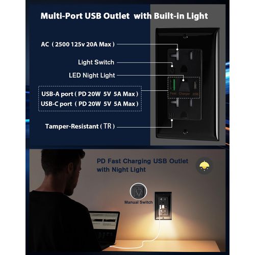 PD USB Outlet with Light,20W Power Delivery USB Receptacle with Night Light, 20A Tamper-Resistant Wall Outlet, Fast Charging Type A & USB-C Charger for Smartphones, Laptops, Tablets (1, Black)