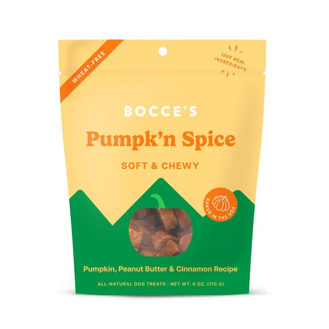 Bocce’s Bakery Pumpk'n Spice Treats for Dogs, Wheat-Free Everyday Dog Treats, Made with Real Ingredients, Baked in The USA, All-Natural Soft & Chewy Cookies, Pumpkin, Peanut Butter, & Cinnamon, 6 oz