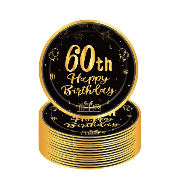 Happy 60th Birthday Paper Plates 9”Black and Gold,16Pcs Disposable Tableware Party Plates,Happy 60th Birthday Decorations Plates for Women,Men,Him,Her 60th Birthday Party Supplies Table Decorations