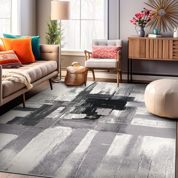 Area Rugs Contemporary Modern Abstract Dining Room Carpet Black Rug 3x5 Rugs