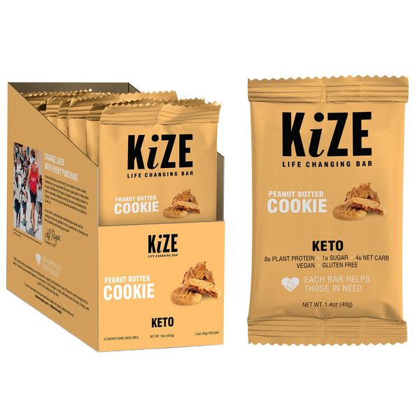 KiZE Keto Energy Bar, 1g Sugar, 4g Net Carbs, 8g Plant Based Protein, Peanut Butter Cookie, Vegan, Gluten Free, Low Sugar, Low Carb, Non-GMO, Soy Free, Mission Based, Made in The USA (10 Count)