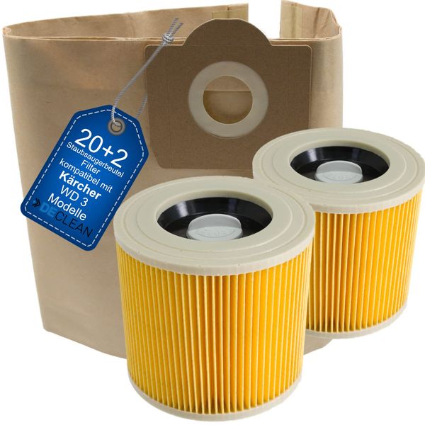 DeClean 20 Staubsaugerbeutel / 2 Filter kompatibel mit Kärcher WD3 Ersatzteile WD 3 Premium,P,Extension Kit,Battery Serie Filtertüten 6.959-130.0 Patronenfilter 6.414-547.0, 6.414-772.0, 6.414-552.0