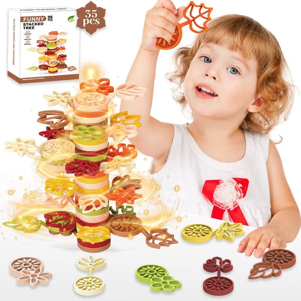 Agard Stacking Toys for Toddlers 3+,Montessori Toys Stack Rainbow Flower Tree Plastic Stack Blocks, DIY Stacking Game for Preschool Toddlers, Sorting Sensory Toys-35 PCS