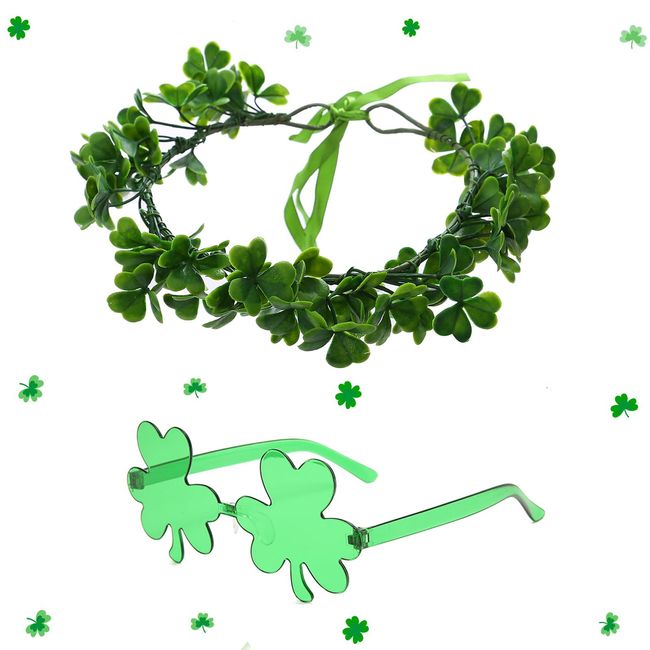 St. Patrick's Day Irish Shamrock Headbands Flower Crown Clover with Shamrock Leaves Glasses St. Patrick's Day Accessories for Women Girls Party Supplies