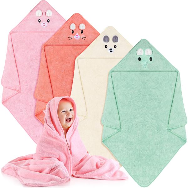 Preboun 4 Pcs Baby Bath Towel 31.5 x 31.5 Inch Coral Fleece Baby Hooded Towel Absorbent Soft Baby Towels for Newborn Cartoon Animal Hooded Bath Blanket for Kids Toddler Infant Shower Gift Supplies