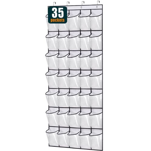 MISSLO 35 Clear Large Pockets Over The Door Shoe Organizer Sturdy Oxford Fabric Hanging Shoe Rack Closet Shoe Holder Hanger, White