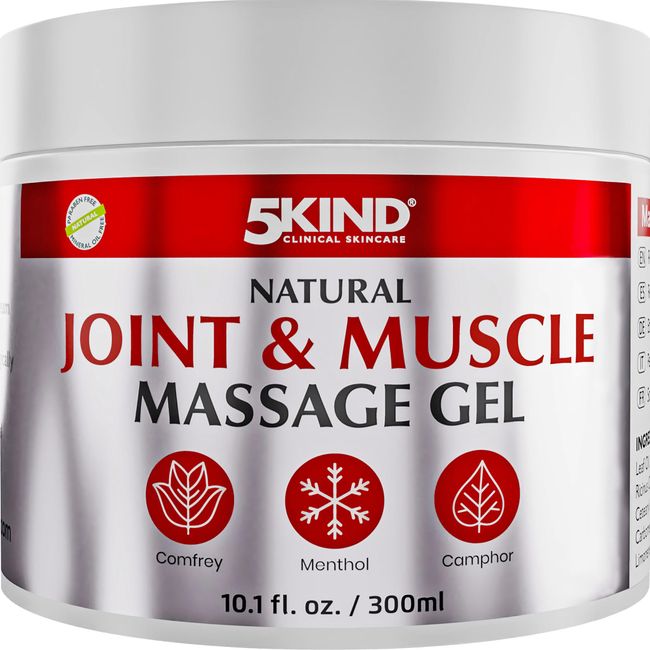 5kind Natural Joint & Muscle Cooling Gel 300ml - Calendula Cream with Camphor, Comfrey & Menthol - High Strength Revitalising Muscle Gel - Massage Gel for Back, Muscles, Knees, Neck & Shoulders