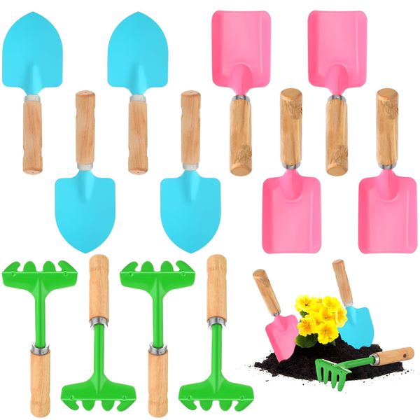 Halloscume 12 Pcs Colorful Kids Garden Tools Kids Gardening Tools Set Rake, Spade, Shovel Made of Metal with Sturdy Wooden Handle Beach Sandbox Sand Play Tools for Kids Gardening Planting Gifts