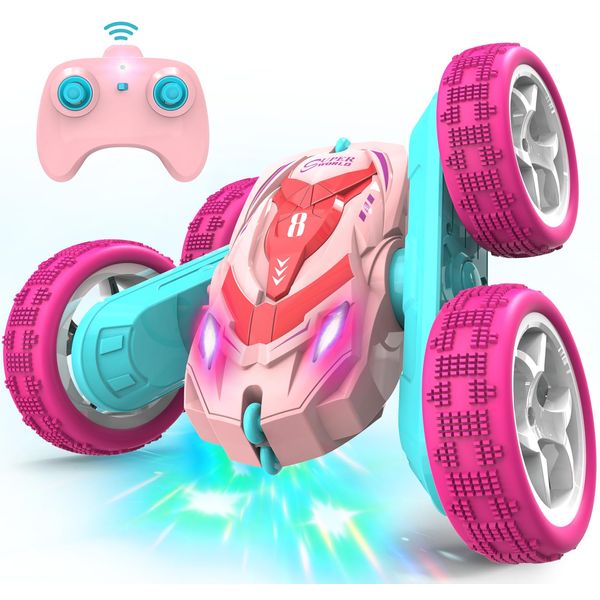 AFUNX RC Stunt Cars, Remote Control Car Double Sided 360° Flip Rotating 4WD 2.4Ghz Rechargeable Car Toy with Headlights For Outdoor & Indoor for 6-12 years old Kids Girls Boys Birthday Xmas Gift, Pink