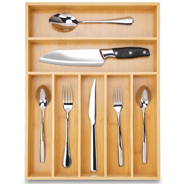 Besilord Silverware Organizer 13 Inch Bamboo Kitchen Drawer Organizer 7 Slots Utensil Organizer Silverware Holder Cutlery Organizer Flatware Tray