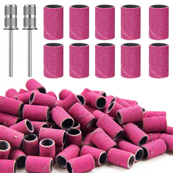 Nail Sanding Bands for Nail Drill, 100Pcs Pink Sanding Bands for Nail Drill 180# Grit, Nail Drill Sanding Bands with 2Pcs 3/32”Mandrel Bits and Boxed for Acrylic Nails Gel Manicures and Pedicure