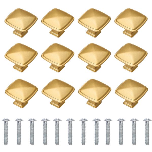 12 Pieces Gold knobs for Cabinet Drawers, Brass Door Handles Furniture knobs Door Pulls for Wardrobes Kitchen Cupboard Bathroom with Screw Bolts, Square Shape, Zinc Alloy