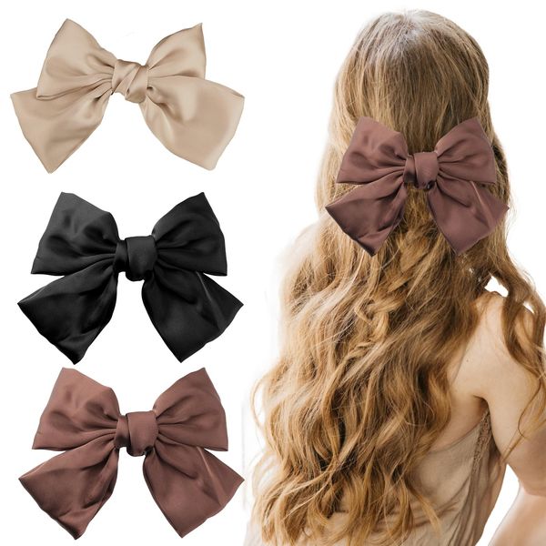 3 PCS Hair Bows for Women Bow Hair Clip with Ribbon Solid French Color Hair Tail Barrette Soft Long Silky Satin Simple Hair Fastener Accessories Hair Bow for Women Girls(Black Brown Khaki)