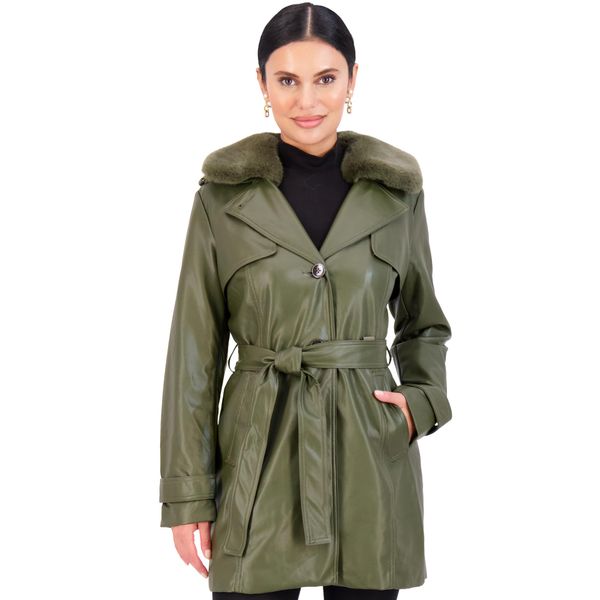 Vince Camuto Mid Length Trench Faux Leather Jacket for Women Trendy Leather Coat, Olive-XS