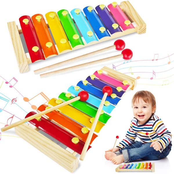 2 Pcs Wooden Xylophone for Kids,Xylophone Educational Musical Toy with 2 Child Mallets 8 Diatonic Keys,Xylophone Wooden Instruments Toys for Toddlers