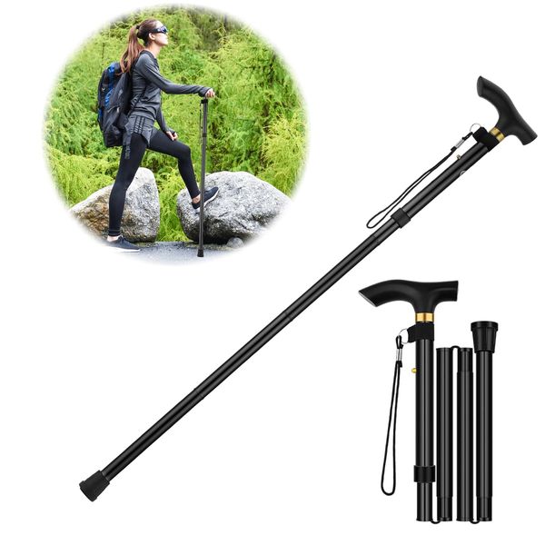 GUOYOU Walking Stick Extendable Folding Aluminium Walking Cane Adjustable Mobility Aids Walking Stick for Seniors Disabled Ladies Men Outdoor Accessories Height 95cm Approx (Black)