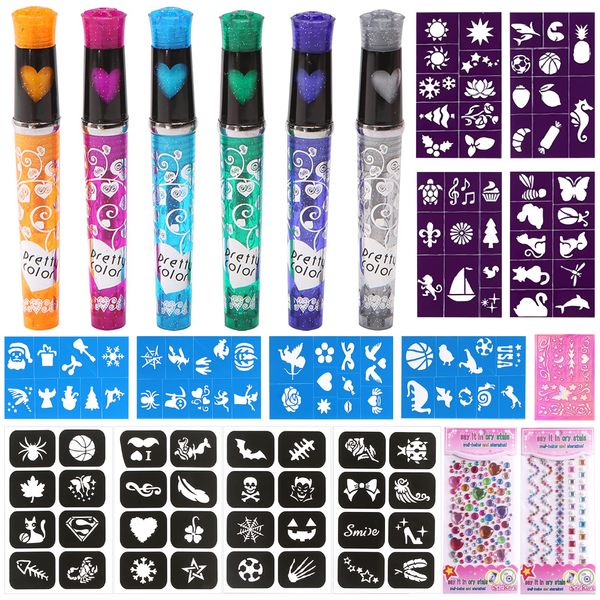 Shinybox Tattoo Stifte Kinder, 6 Glitzer Farben Tatoostift für Kinder, Tattoo Gel Stifte mit 13 Schablonen + 2 Gesicht Edelstein, Tatoostifte für Kinder für Halloween Weihnachten Party Verkleiden