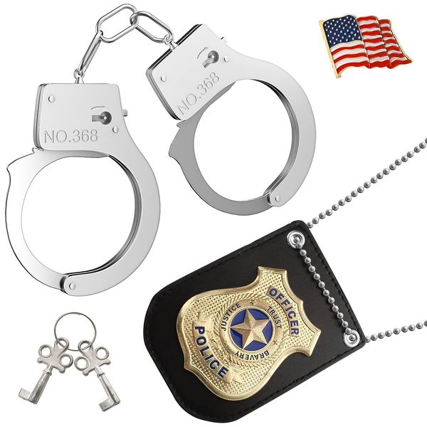 AUUABEARONN Police Badge Police Pretend Play Toy Set for Kids Metal Handcuffs with Key American Flag Waving Lapel Pins Halloween NYPD Police Badge Dress Up Pretend Play Accessory Black