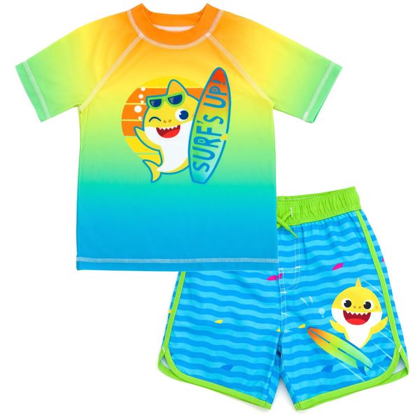 Pinkfong Baby Shark Toddler Boys UPF 50+ Rash Guard and Swim Trunks Outfit Set Surf's Up! 2T