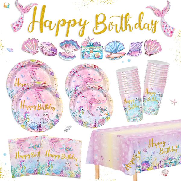 122pcs Mermaid Birthday Party Supplies Mermaid Birthday Plates Napkins Disposable Tableware Set Tablecloth Banner Paper Cups for Girls Ocean Under the Sea Birthday Party Decorations Serves 30